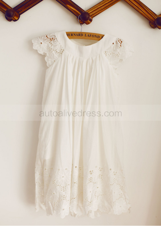 Ivory Cotton Eyelet Lace Knee Length Flower Girl Dress